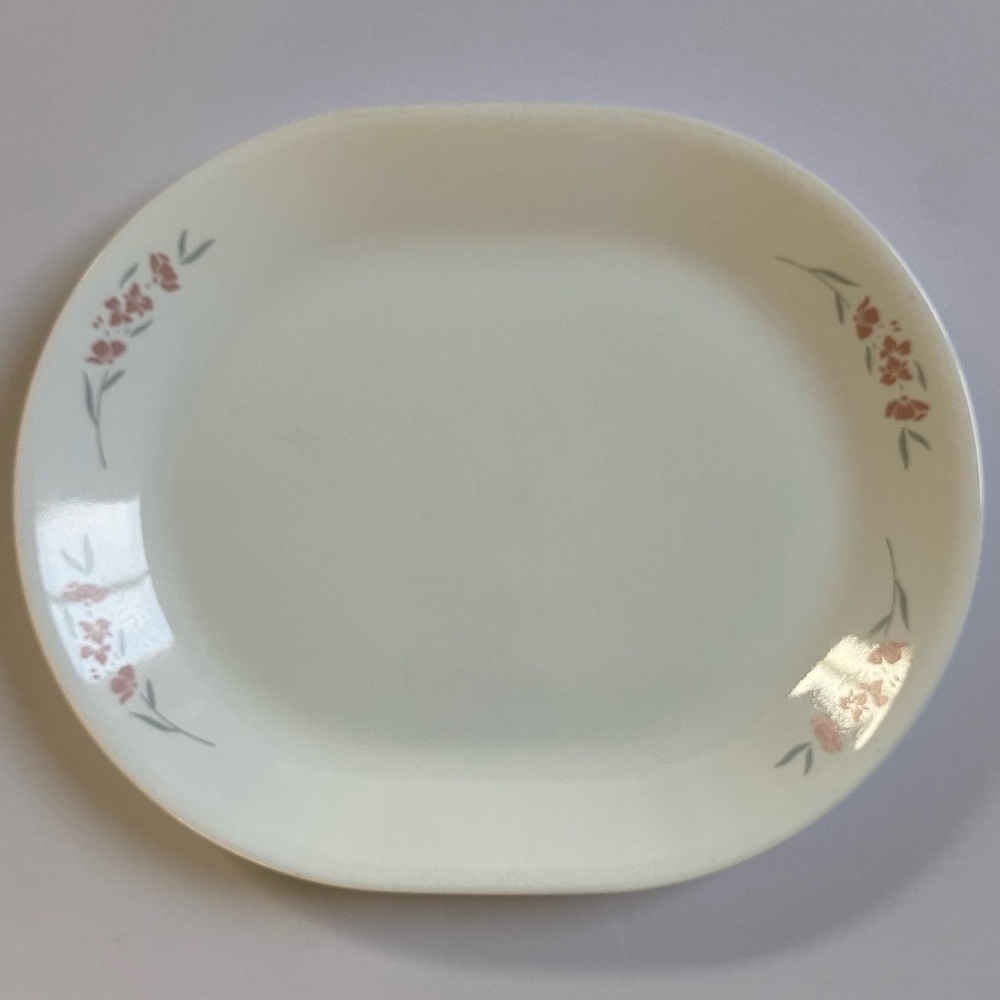 Corelle Silk Blossoms Oval Platter 12x10 Corning Pink Flowers Gray leaves 1996